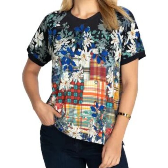 Johnny Was Shirt Plaid Navy Blue Ona Raglan Floral Tee Top Bamboo Red - Picture 3 of 8